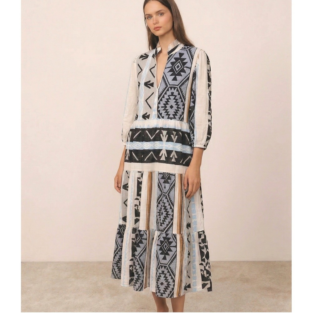 Sofia Made in Italy Southwestern Geometric Tiered Bohemian Dress Women Med Blue